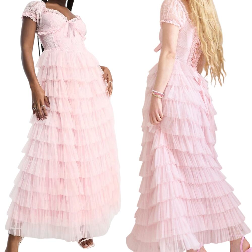 AMY JANE LONDON Sofia tulle lace tiered maxi dress ballerina pink Size XS NEW - Picture 7 of 7